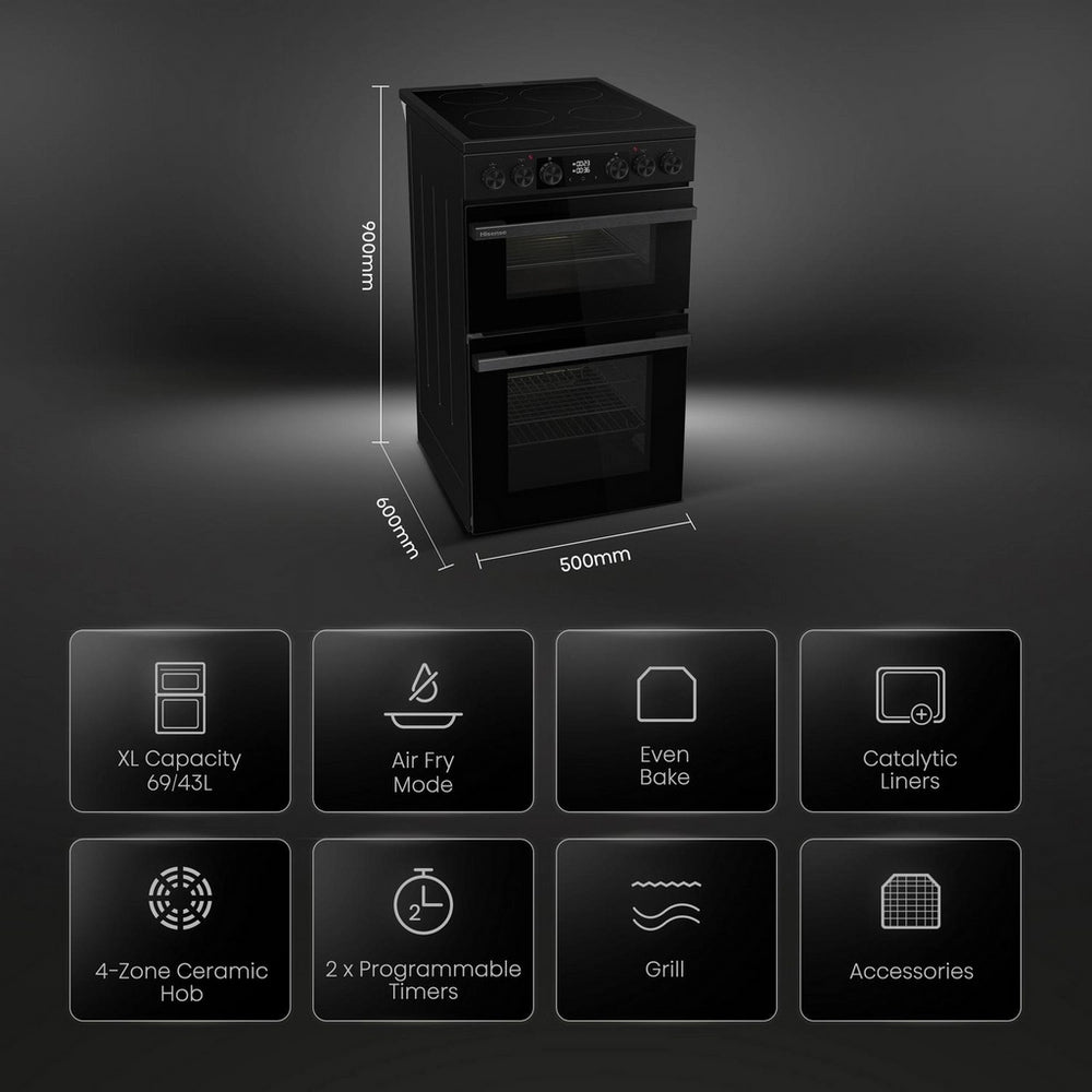 Hisense HDCEC5C10B 50cm Double Oven Electric Cooker with Ceramic Hob - Black