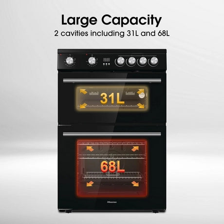 Hisense HDE3211BBUK 60cm Double Oven Electric Cooker with Ceramic Hob - Black