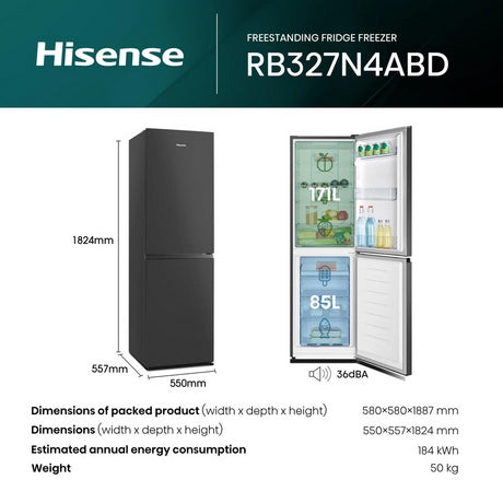 Hisense RB327N4ABD 55cm 50/50 Total No Frost Fridge Freezer - Black