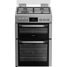 Load image into Gallery viewer, Hotpoint HDG6GDCWX 60cm Gas Double Oven Cooker with Glass Lid - Stainless Steel Finish
