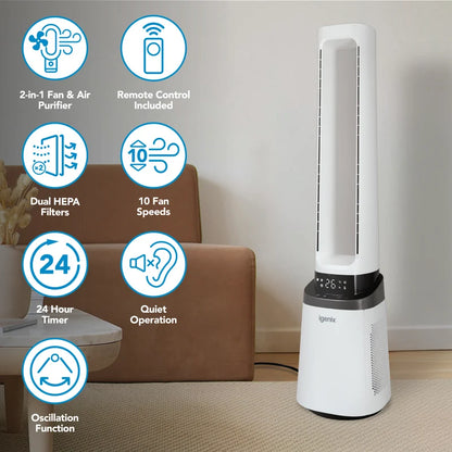 Igenix   IGFD02549W 41 Inch Bladeless Tower Fan with Air Purifier, 2-in-1 Cooling Tower Fan