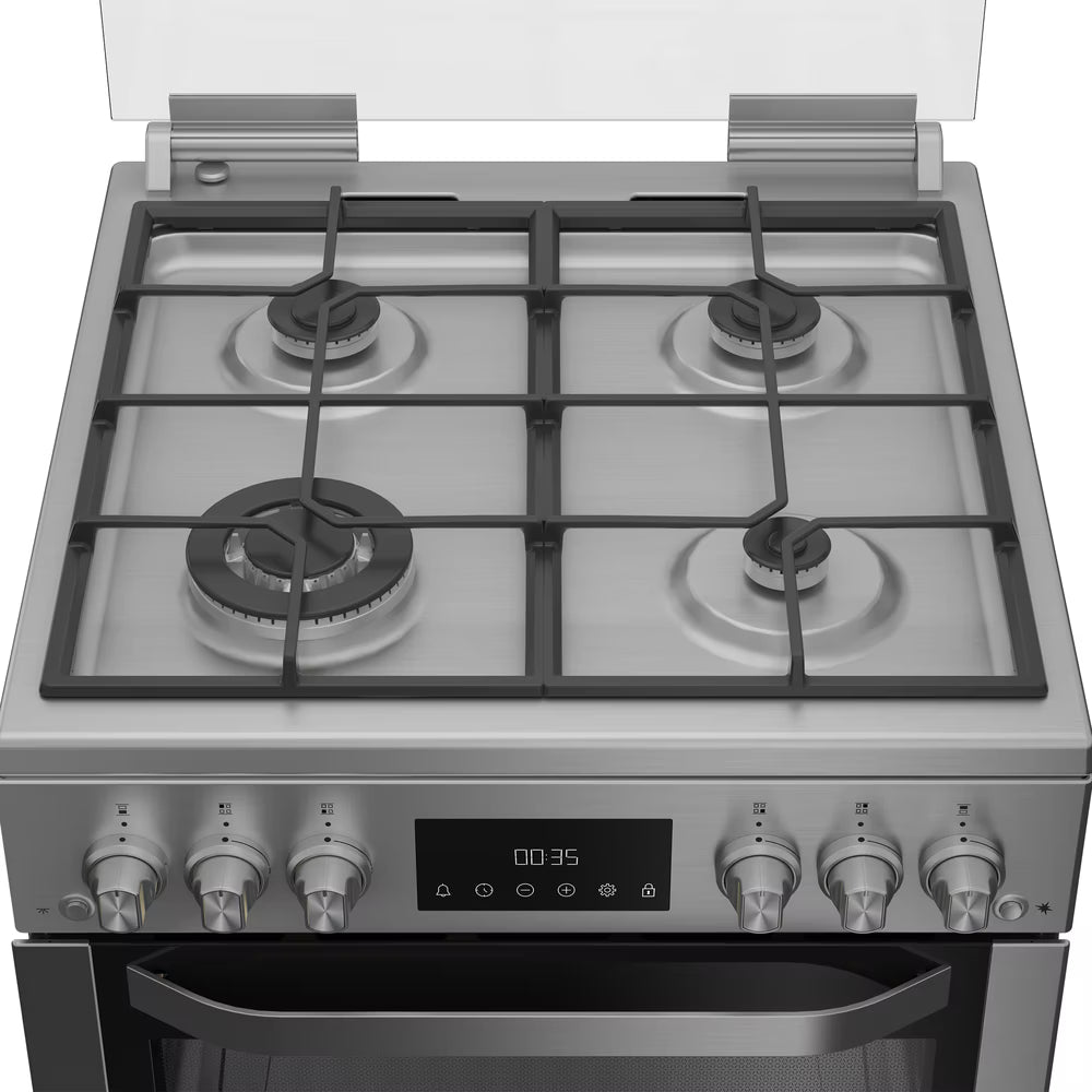 Hotpoint HDG6GDCWX 60cm Gas Double Oven Cooker with Glass Lid - Stainless Steel Finish