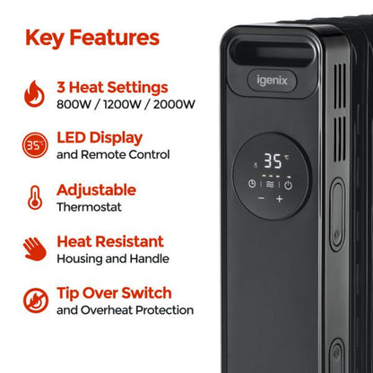 Igenix IG2621BL 2KW Digital Control Black Oil Filled Radiator
