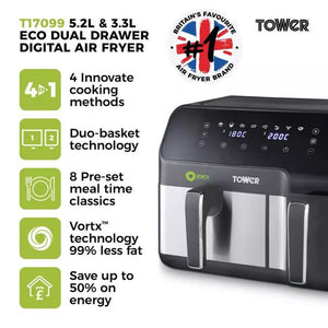 Tower T17099 Vortx 8.5 Litre Duo Capacity Basket Air Fryer with Smart Finish